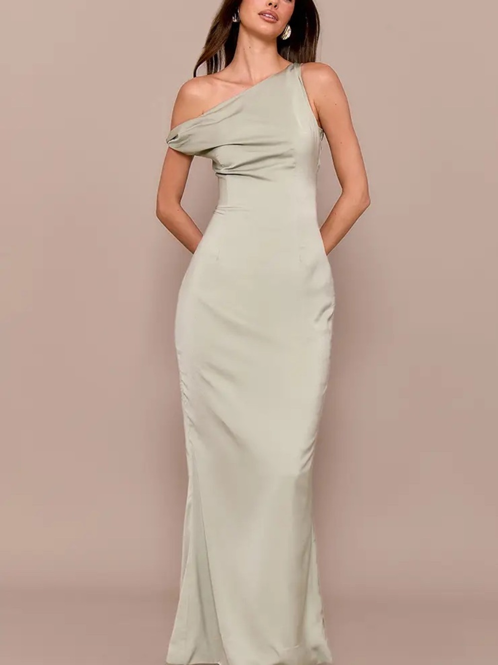 Pretty little thing SAGE GREEN SATIN ASYMMETRIC BARDOT TWIST MAXI DRESS